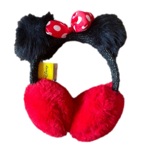 Disney Ear Muffs Minnie Mouse Polka Dot Bow Faux Fur Black Red & White - Picture 1 of 3